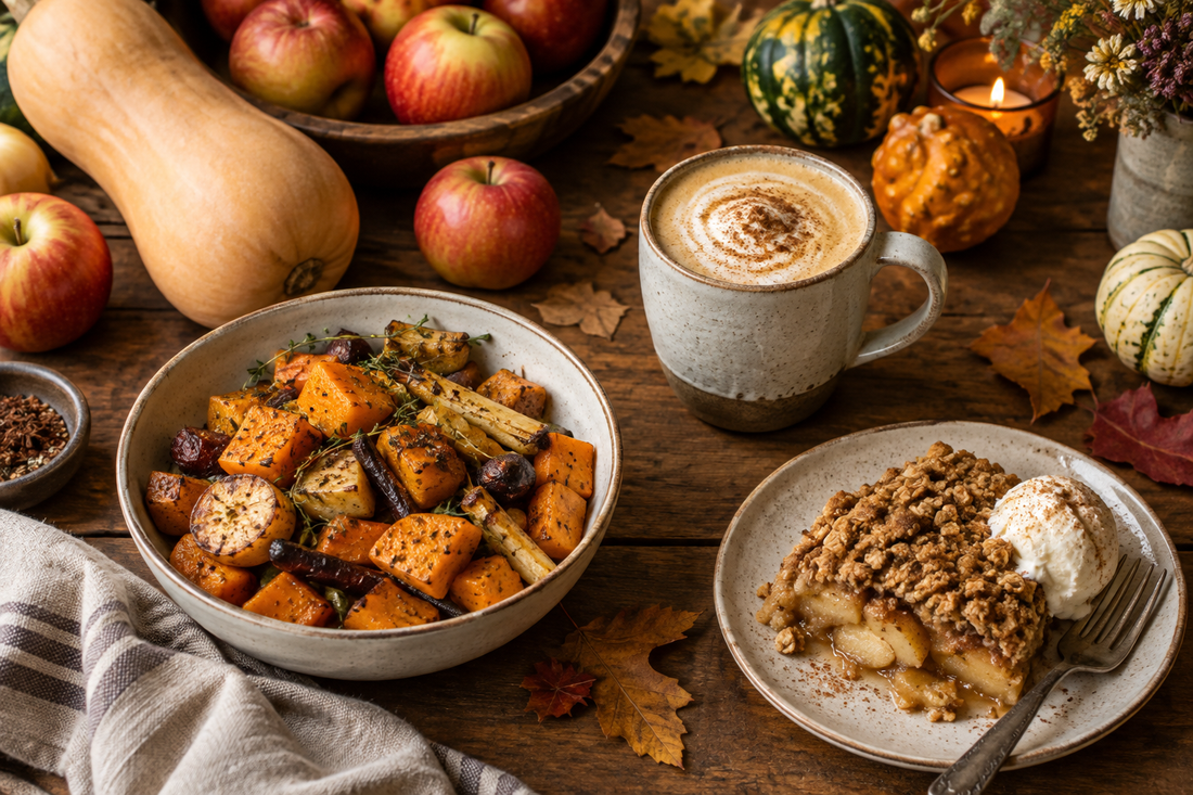 A cozy early-autumn harvest spread with butternut squash, apples, roasted root vegetables, a spiced latte, and apple crisp, styled with dried leaves and small gourds.