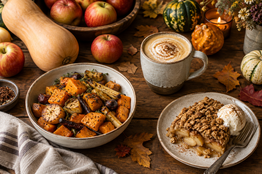A cozy early-autumn harvest spread with butternut squash, apples, roasted root vegetables, a spiced latte, and apple crisp, styled with dried leaves and small gourds.