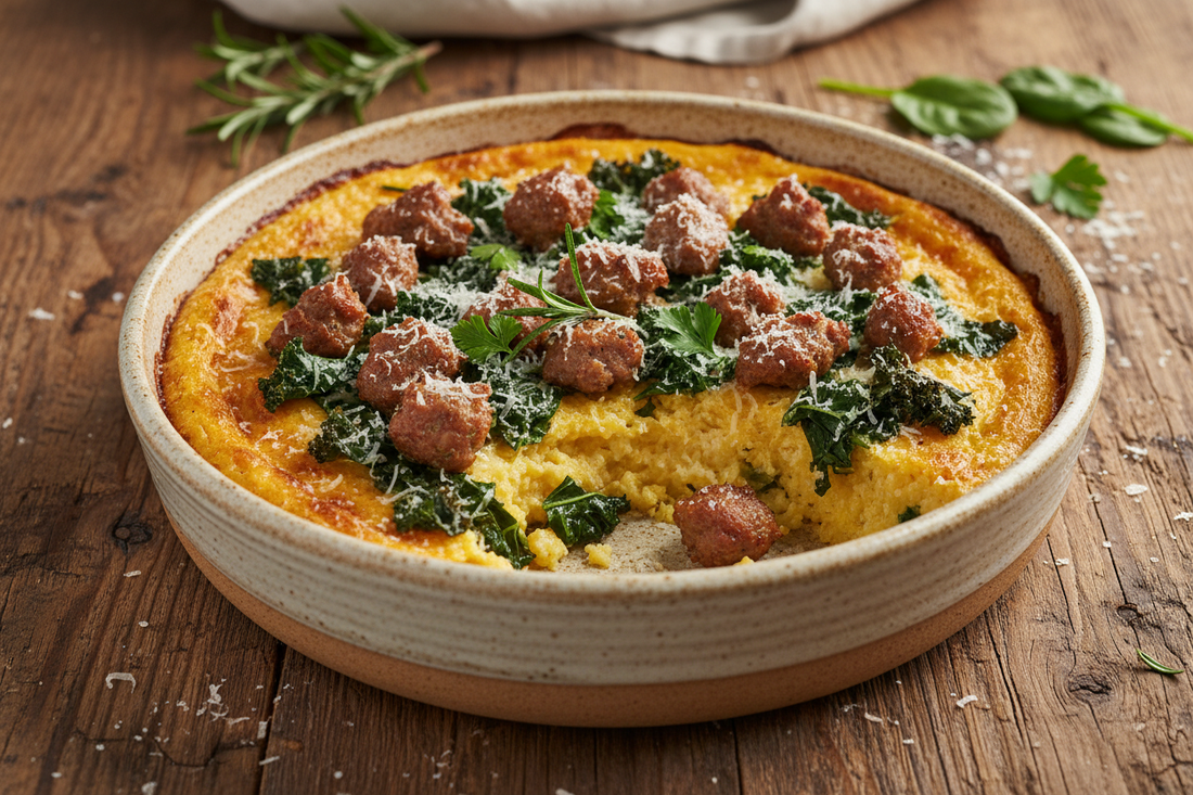 Creamy baked polenta with Italian sausage and wilted greens in a 3-quart round ceramic bowl topped with Parmesan