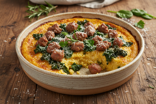 Creamy baked polenta with Italian sausage and wilted greens in a 3-quart round ceramic bowl topped with Parmesan
