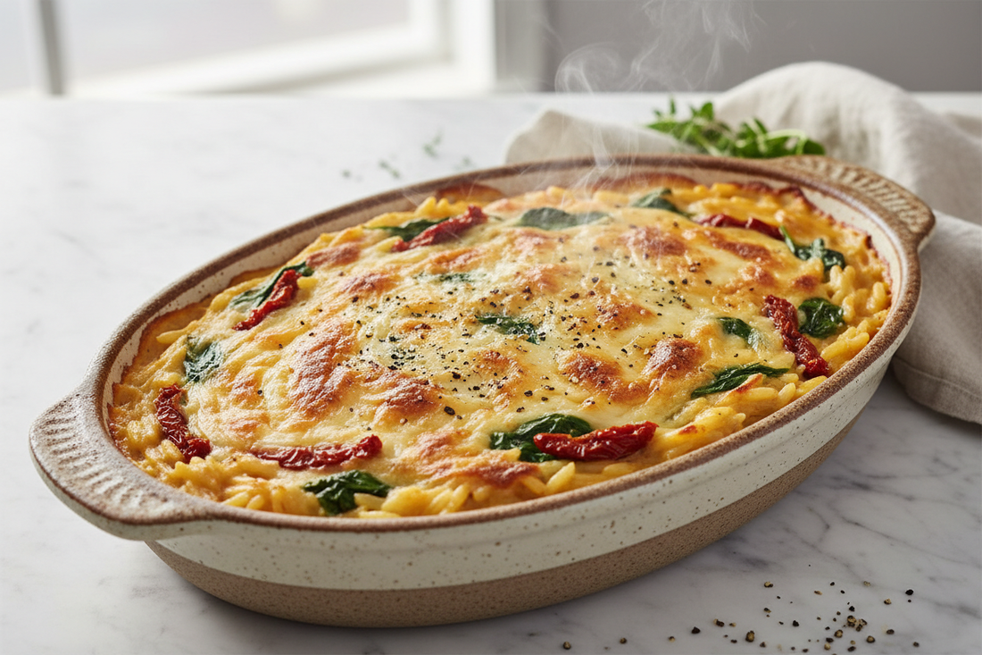 Creamy Boursin orzo bake in a rustic dish with melted cheese, fresh spinach, and sun-dried tomatoes, garnished with black pepper
