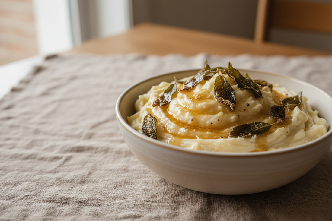 a warm bowl of swirled mashed potatoes, golden brown butter pooling across the top with crispy sage leaves