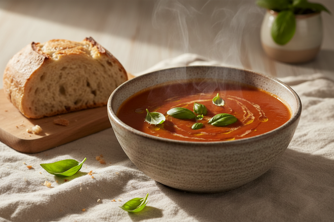 A rustic bowl of creamy roasted tomato soup topped with fresh basil and a drizzle of olive oil, served alongside crusty sourdough bread on a linen napkin