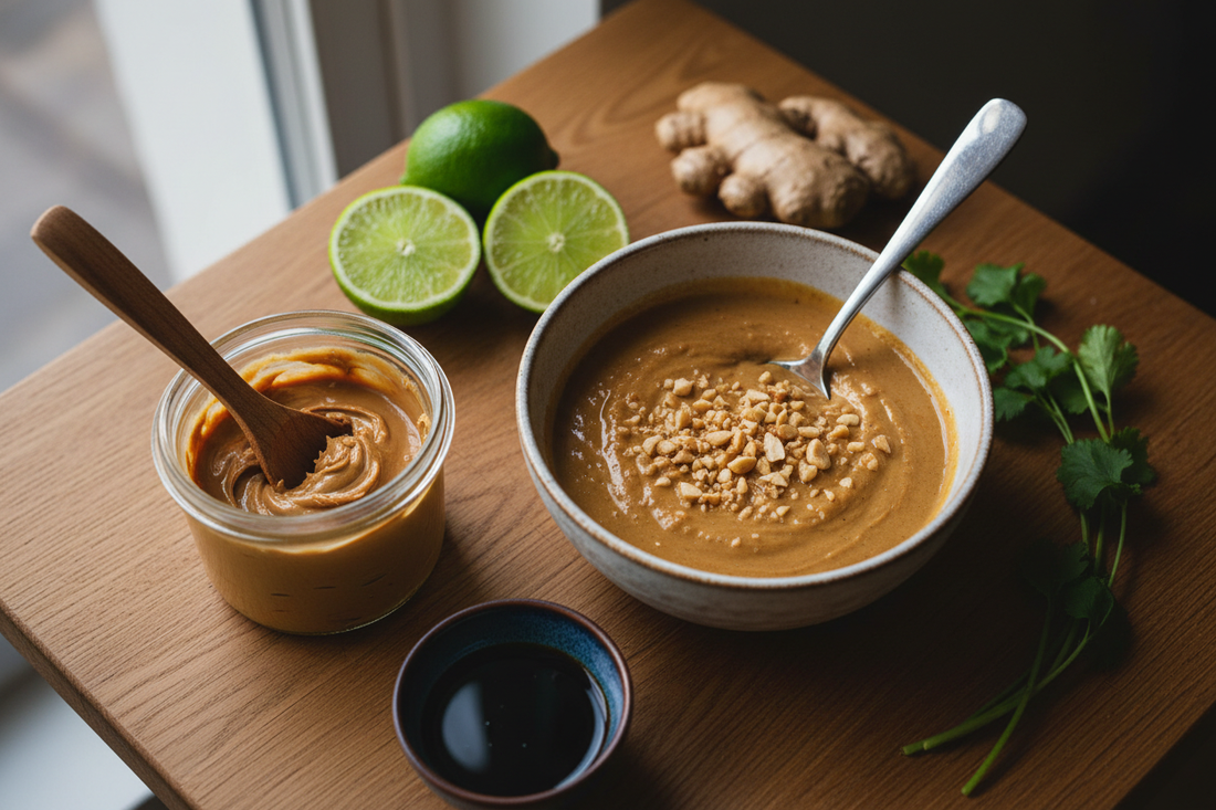Angled view of creamy Thai peanut dressing in a ceramic bowl with a spoon, a jar of peanut butter, halved limes, fresh ginger, soy sauce, and cilantro on a warm natural wood surface