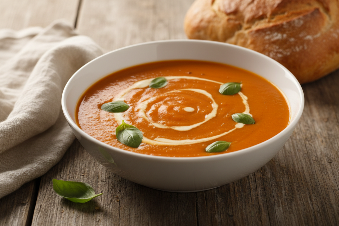 Creamy tomato basil soup in a white ceramic bowl with a swirl of cream and fresh basil garnish on a rustic wooden table
