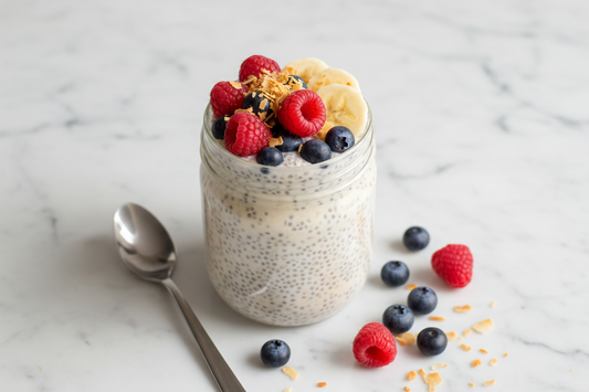 Glass jar of vanilla chia pudding topped with fresh berries, banana slices, and toasted coconut