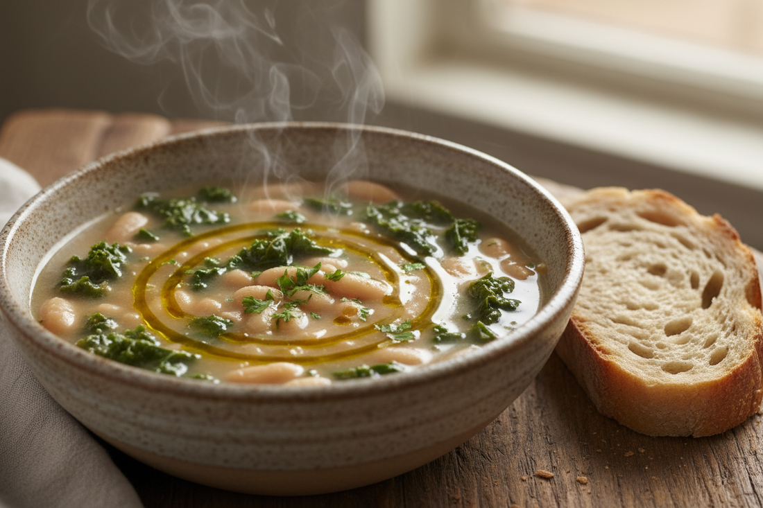 Bowl of creamy white bean and kale soup with vibrant green kale, white beans in rich broth, drizzled with olive oil and garnished with fresh parsley