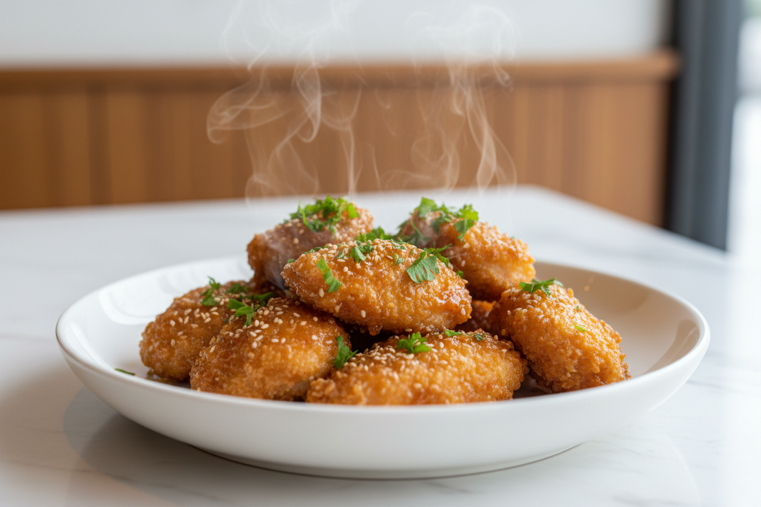Crispy golden panko-crusted chicken pieces glazed with honey-garlic sauce, garnished with sesame seeds and parsley