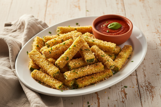 Crispy baked parmesan zucchini fries on a white ceramic platter with marinara dipping sauce on a wooden table