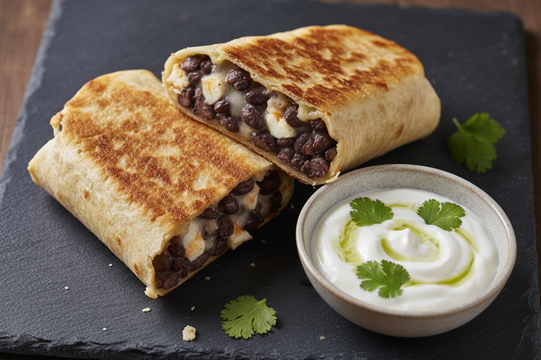 wo crispy pan-fried bean burritos cut in half to reveal a creamy seasoned bean and cheese filling, served alongside a small bowl of yogurt dip with lime and coriander, on a dark slate surface shot at a 45-degree angle with soft natural side light