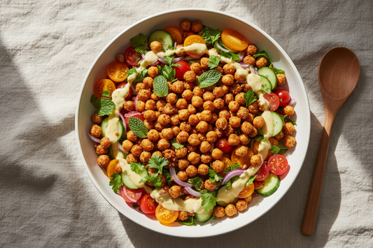 Crispy chickpea salad with cucumber, cherry tomatoes, fresh herbs, and creamy lemon-tahini dressing in a white ceramic bowl