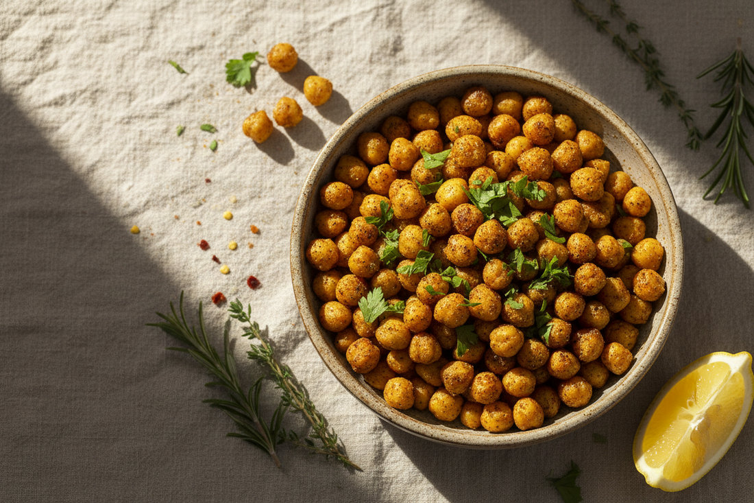 Golden crispy chickpeas in a ceramic bowl garnished with fresh parsley and lemon on a linen tablecloth