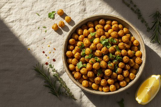 Golden crispy chickpeas in a ceramic bowl garnished with fresh parsley and lemon on a linen tablecloth