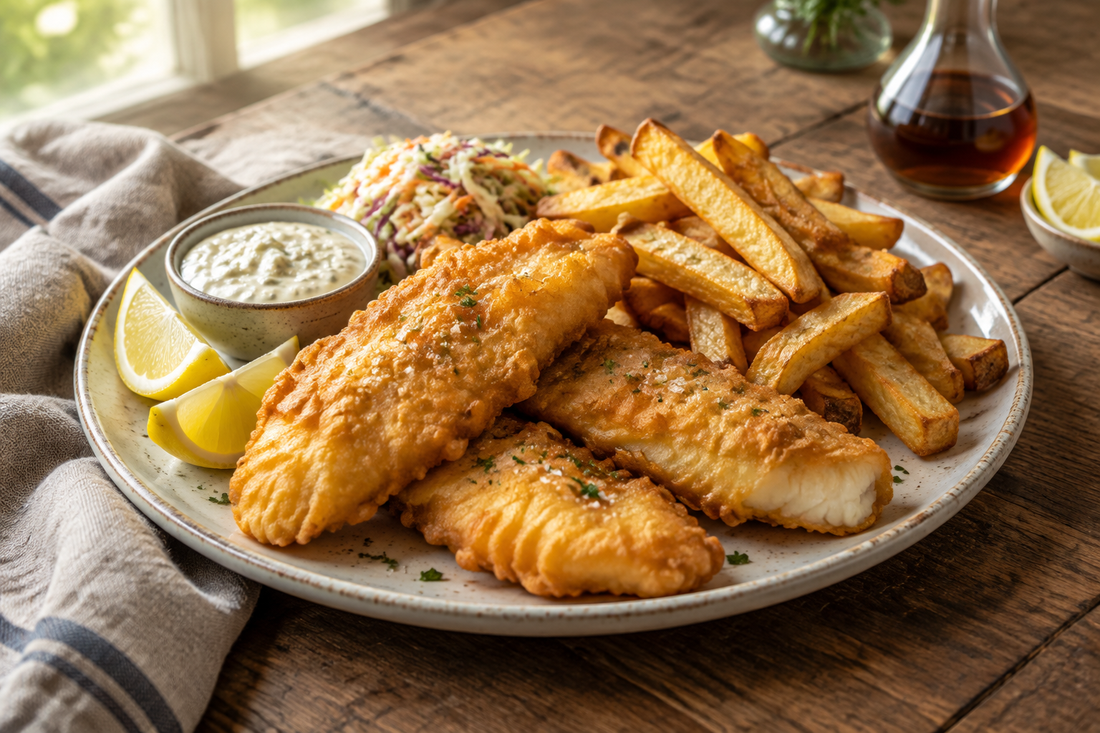 crispy pickerel and chips with lemon and tartar sauce