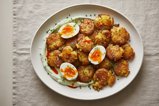 Crispy smashed potatoes on herbed yogurt with jammy soft-boiled eggs, chilli oil, and fresh dill on a ceramic plate