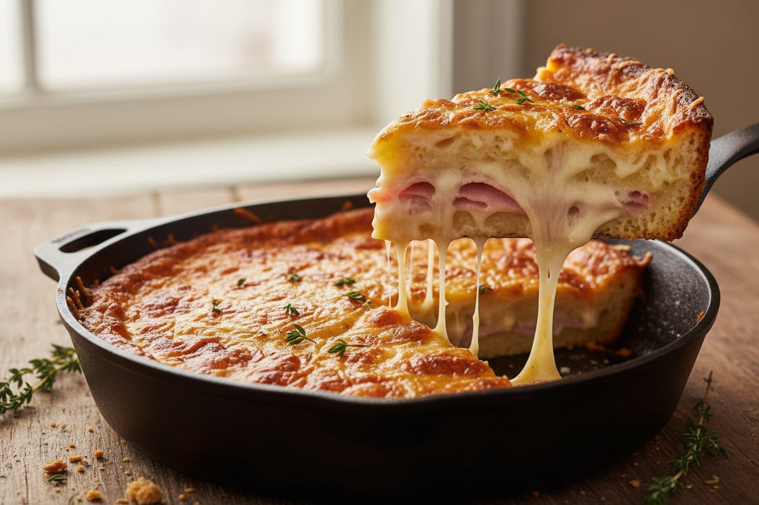 Close-up of a slice of croque monsieur skillet bake being lifted, showing a custardy béchamel interior beneath a deeply golden bubbling cheese crust.