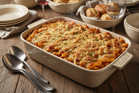 Overhead view of a golden-topped casserole in a 9x13-inch rectangular ceramic baking dish on a dining table, showing generous portions perfect for entertaining and feeding a crowd