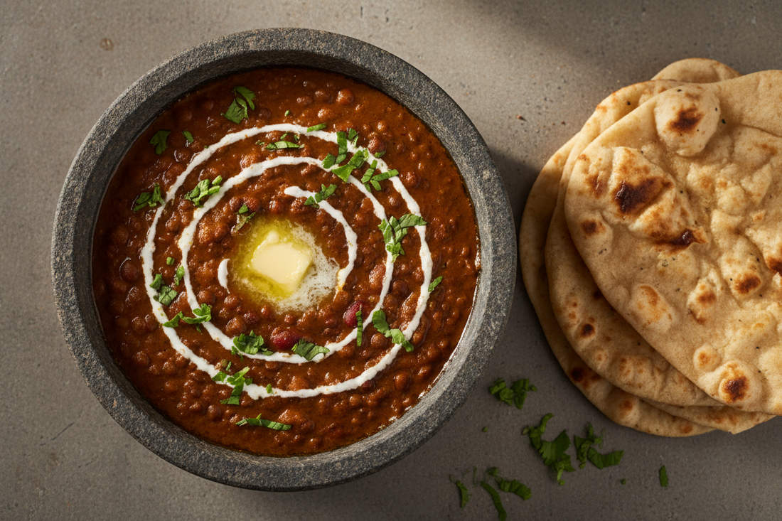 Overhead shot of the silky deep reddish-brown dal with butter melting in, cream swirl, fresh coriander, and warm naan alongside on a stone surface.