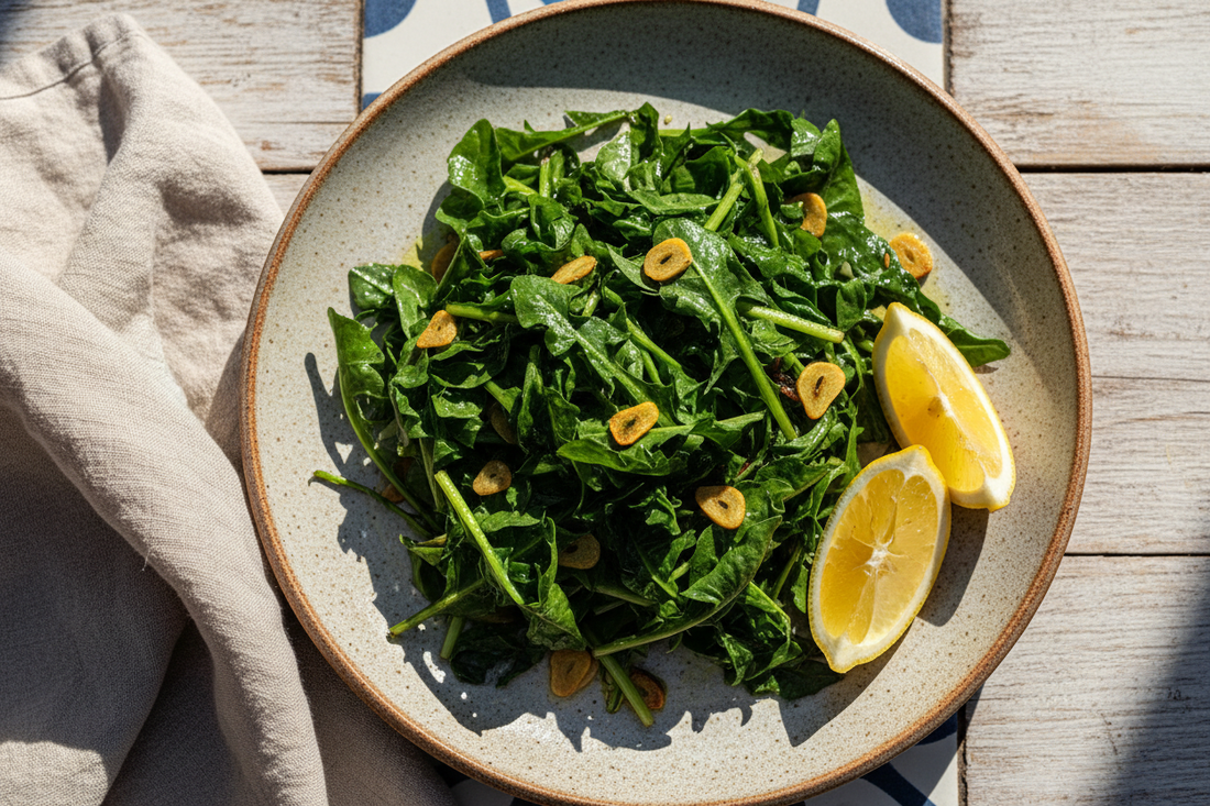Plate of sautéed dandelion greens with golden garlic slices and fresh lemon wedge
