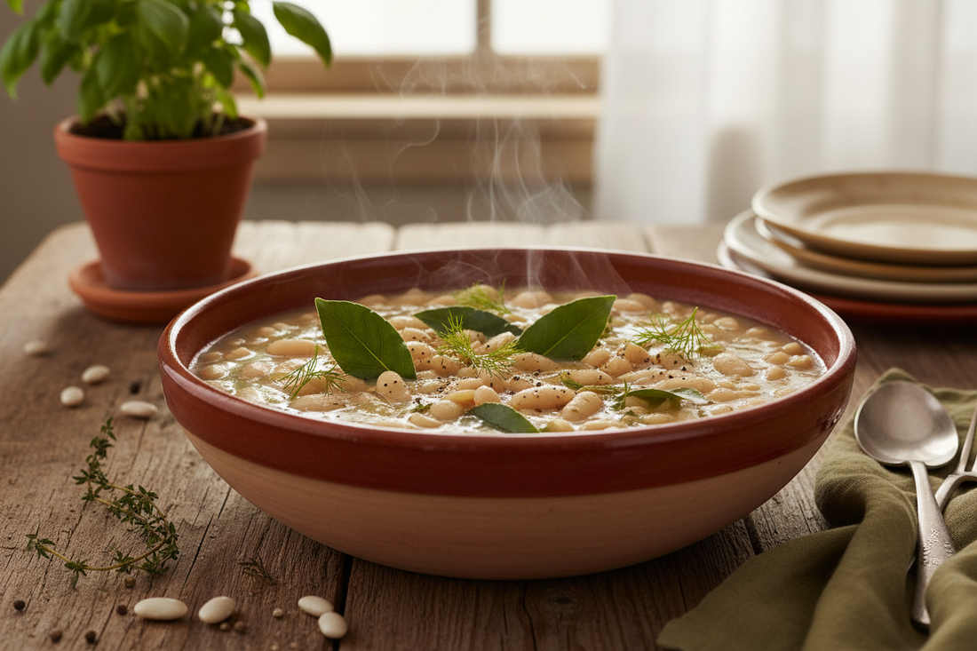 Warm bowl of white bean stew with fresh herbs in a rustic kitchen setting