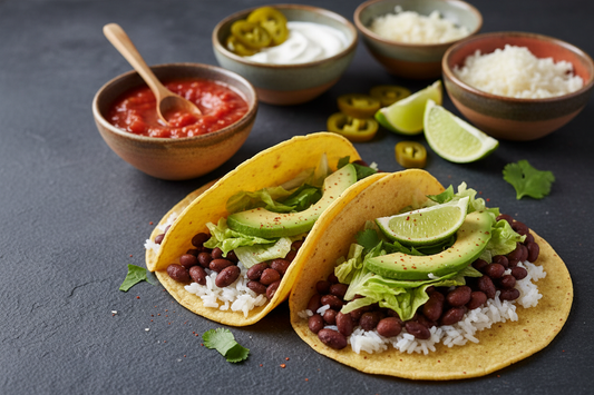 wo assembled tacos with seasoned beans, rice, avocado, and shredded lettuce in corn tortillas, with small bowls of salsa, sour cream, cheese, jalapeños, and lime wedges on a dark slate surface