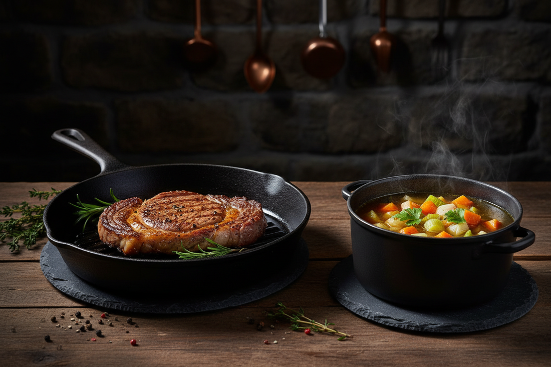 A cast iron skillet with a perfectly seared golden-brown steak beside a pot of gently simmering vegetable broth, illustrating the contrast between dry-heat and moist-heat cooking methods.