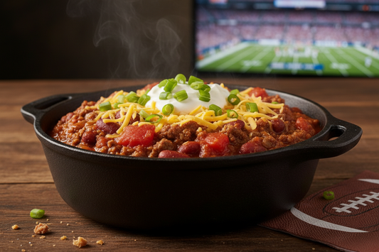 Bold hearty Dutch oven chili with ground beef, beans, and tomatoes topped with shredded cheese, sour cream, and green onions