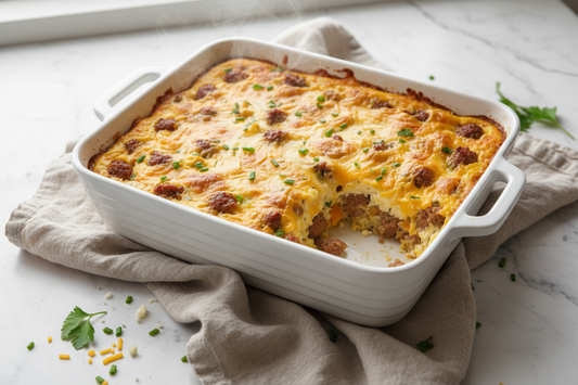 a golden, cheesy bake in a white ceramic dish, natural side lighting, linen surface, casual home-cook feel.
