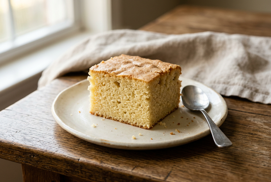 A square of homemade vanilla cake with a lightly golden top and soft yellow crumb on a cream plate.