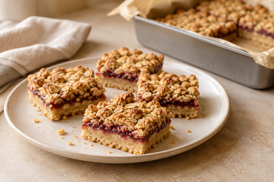 Homemade jam squares with a buttery oat base, raspberry jam filling and golden crumble topping