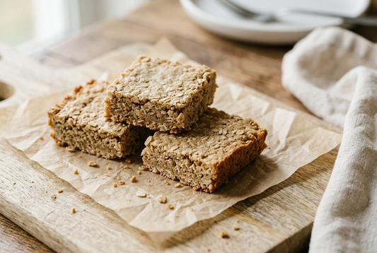 Homemade oatmeal squares with visible rolled oats and lightly golden edges on parchment over a wooden board.