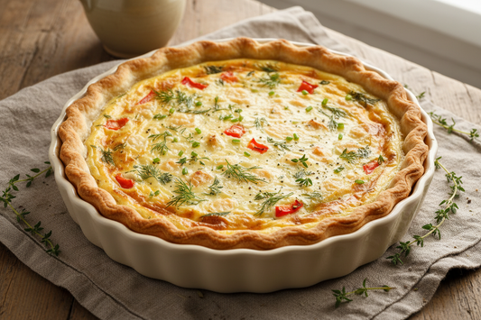 Golden baked quiche in a ceramic tart dish with a crimped pastry crust, silky custard filling, and fresh herbs, styled on a rustic linen cloth