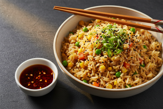  bowl of egg fried rice with golden crisped grains, green onions, and sesame seeds, with chili oil and chopsticks alongside, on a dark slate surface