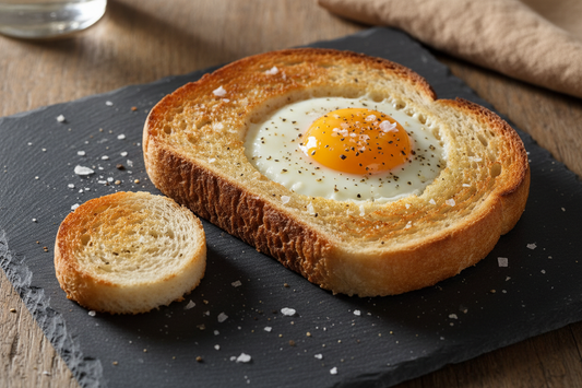 A golden slice of sourdough toast with a perfectly cooked egg in the centre and a runny yolk, the small toasted bread round resting alongside on a dark slate plate, shot at a 45-degree angle with soft natural side light