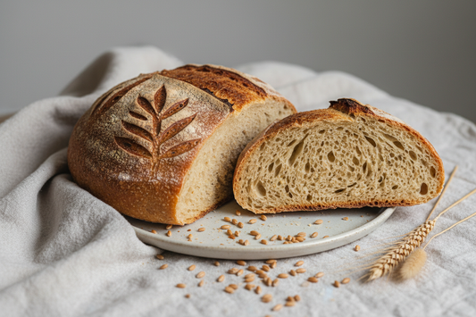 A golden einkorn sourdough boule on a linen cloth with a deeply scored crust, one slice cut to reveal an open honeycomb crumb, scattered einkorn wheat grains alongside, soft natural light
