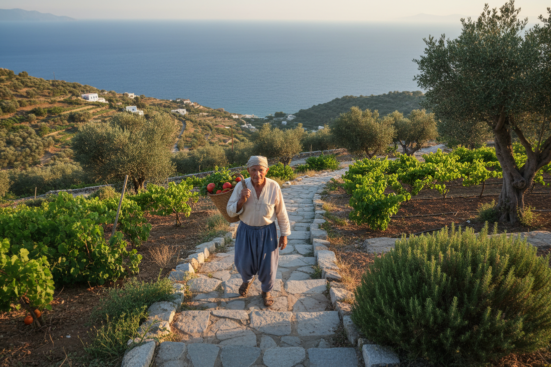 Elderly person walking up a steep hillside path in Ikaria, Greece, carrying a woven basket with Mediterranean landscape and Aegean Sea in the background