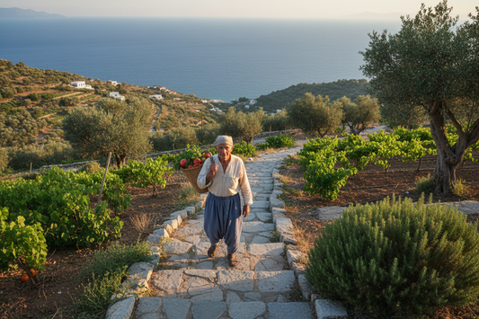 Elderly person walking up a steep hillside path in Ikaria, Greece, carrying a woven basket with Mediterranean landscape and Aegean Sea in the background