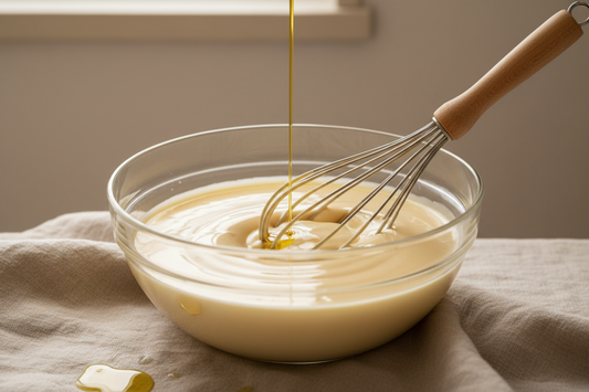 Whisking olive oil into a creamy emulsion in a glass bowl, demonstrating the emulsification technique for making silky sauces and vinaigrettes