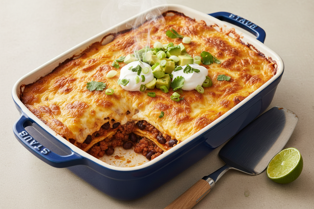 Bubbling enchilada casserole with melted golden cheese in a ceramic rectangular baking dish, showing layers of corn tortillas, seasoned beef, black beans, and red sauce, topped with sour cream, cilantro, avocado, and green onions