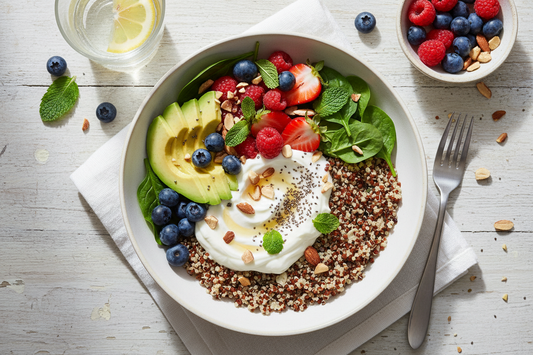 Colorful breakfast bowl with quinoa, fresh berries, avocado, nuts and seeds arranged on a light surface - representing balanced nutrition for sustained energy