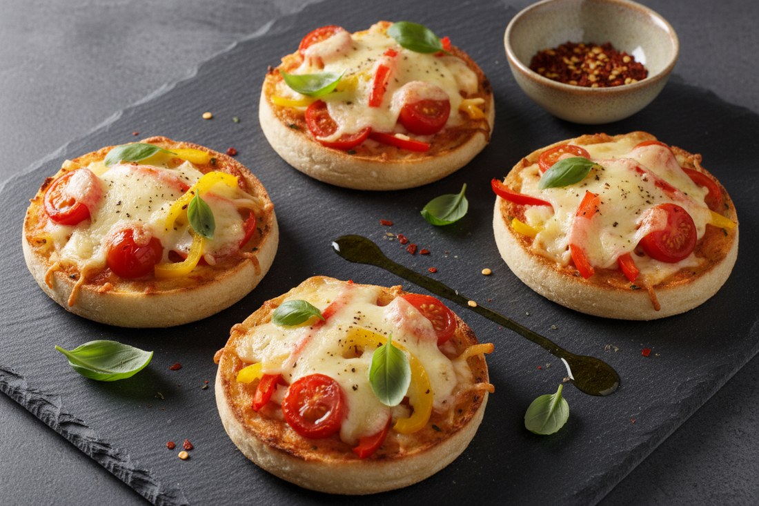 Four English muffin pizzas with golden bubbling mozzarella, cherry tomatoes, sliced peppers, and fresh basil on a dark slate surface, with a small bowl of chilli flakes and a drizzle of olive oil