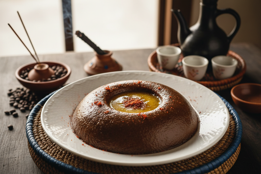 Traditional Ethiopian Genfo - a dome-shaped mound of smooth dark brown teff porridge on a white plate with a well of golden spiced clarified butter and red berbere spice in the center