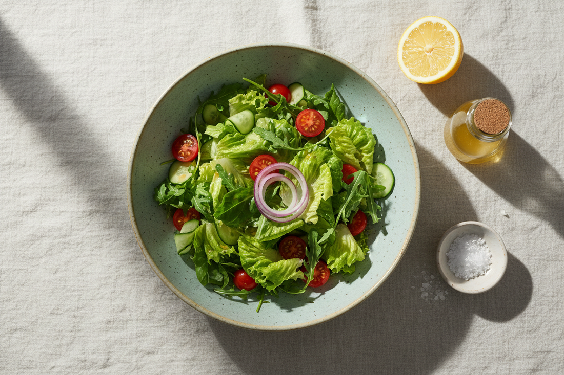 Fresh green salad with cherry tomatoes, cucumber, and red onion in a ceramic bowl with lemon vinaigrette jar and halved lemon on linen tablecloth