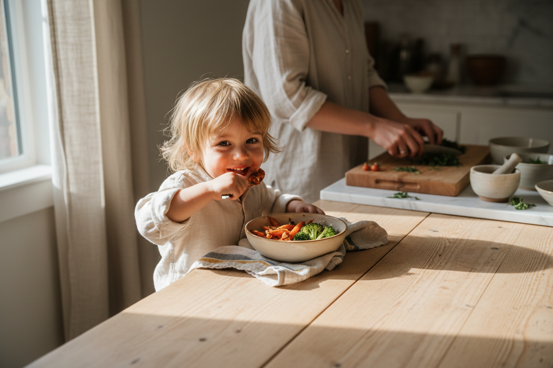 A young child sitting at a wooden kitchen table eating a simple, colourful meal, with a parent's hands visible in the background preparing food — warm natural light, relaxed and unhurried atmosphere