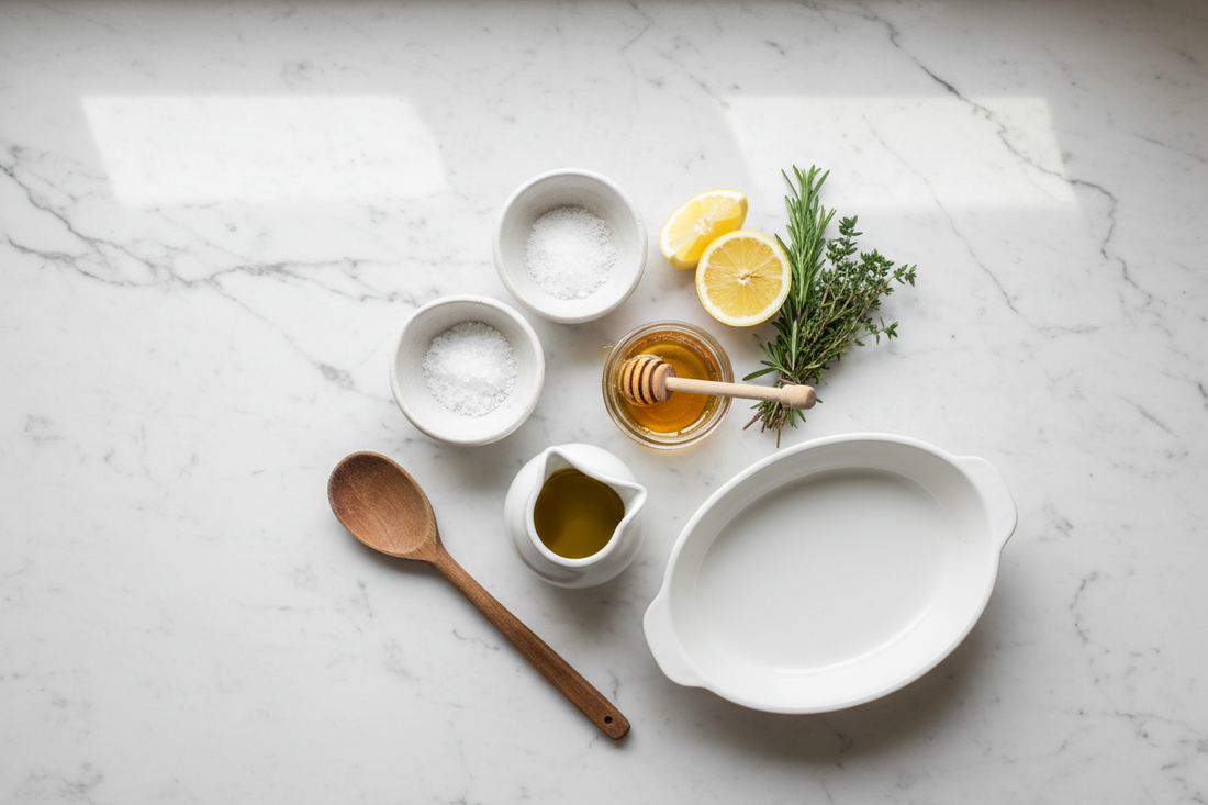 Overhead view of flavor balancing ingredients including sea salt, fresh lemon, honey, herbs, and olive oil arranged on white marble countertop