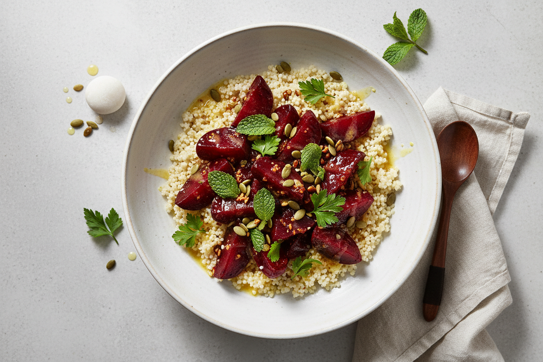 A top-down view of a Fonio and Roasted Beet Salad in a shallow ceramic bowl — fluffy fonio grain topped with ruby roasted beet wedges, fresh herbs, and toasted pumpkin seeds, drizzled with lemon dressing