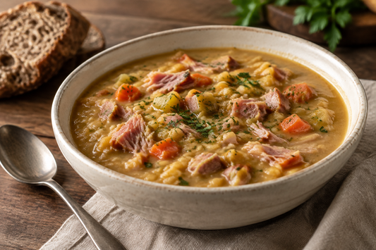 French Canadian yellow split pea soup with smoked ham, carrots and fresh parsley in a rustic ceramic bowl.