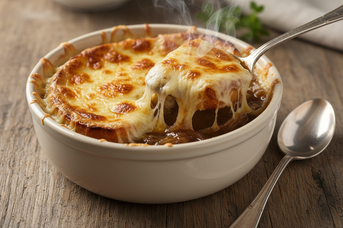 Traditional French onion soup in a round oven-safe bowl with melted Gruyère cheese and toasted bread