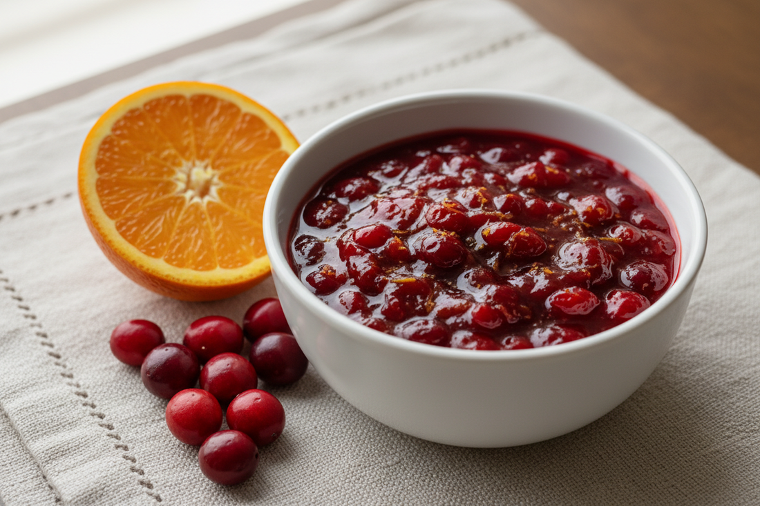 deep ruby cranberry sauce in a white ceramic bowl, halved orange and fresh cranberries on linen, natural side light
