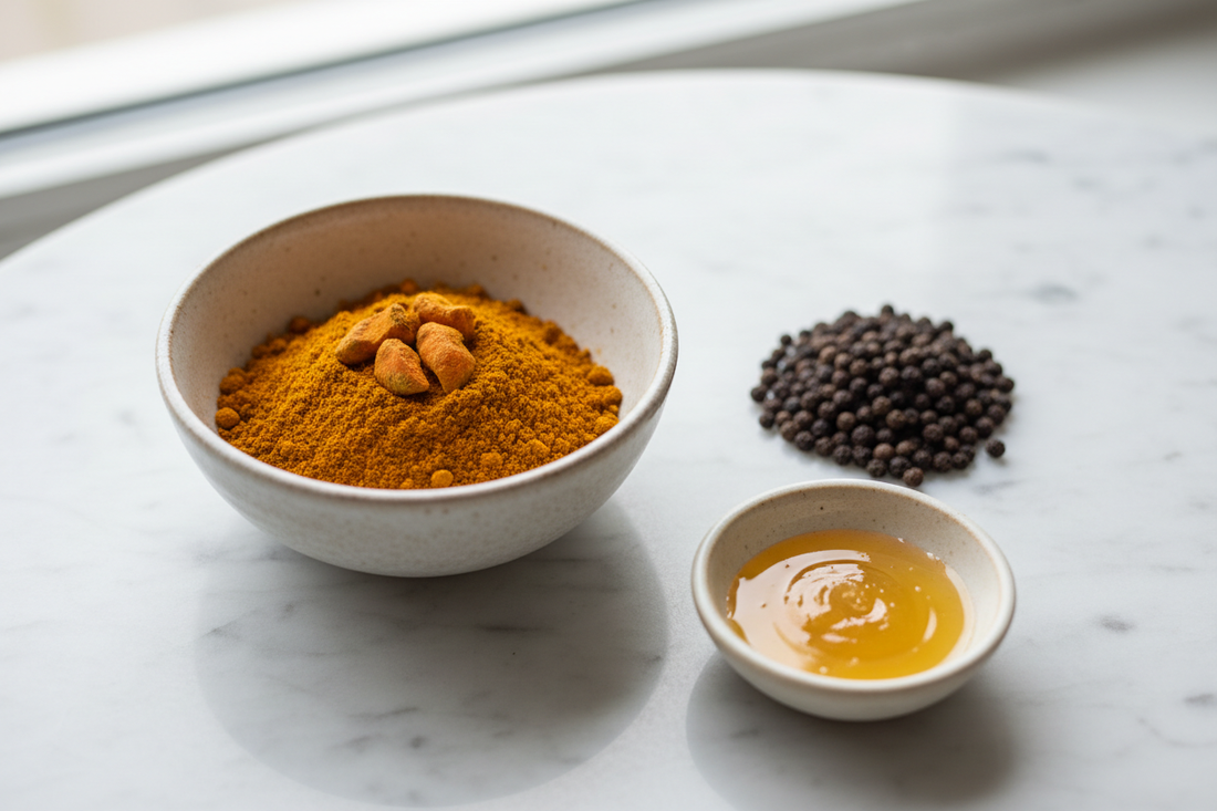 Fresh turmeric root, ground turmeric powder, black peppercorns, and a small dish of golden ghee on marble — the three essential partners for unlocking curcumin's bioavailability.